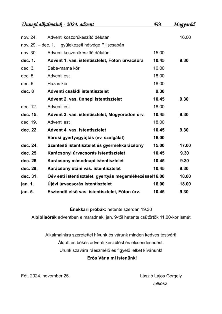 Read more about the article Ünnepi alkalmaink – 2024 Advent