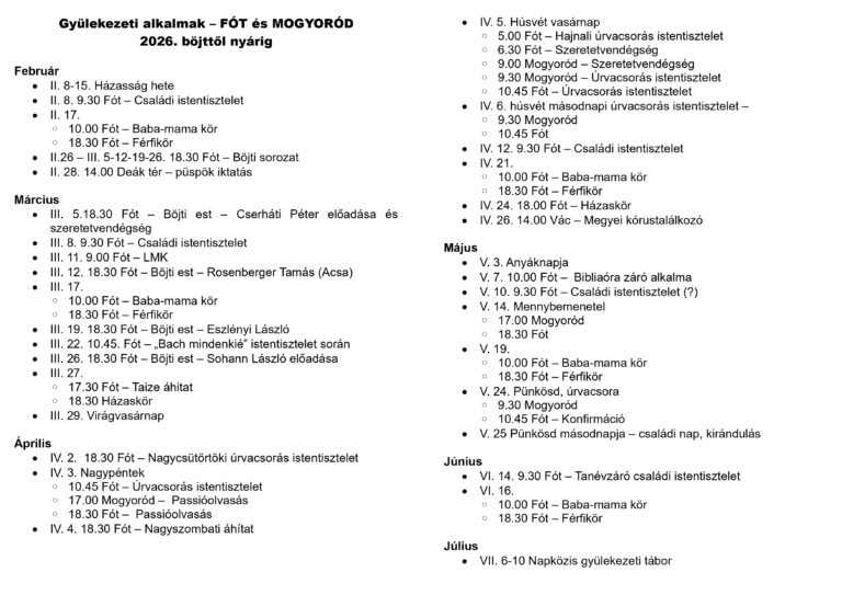 Read more about the article Gyülekezeti alkalmak – 2026 Böjttől nyárig