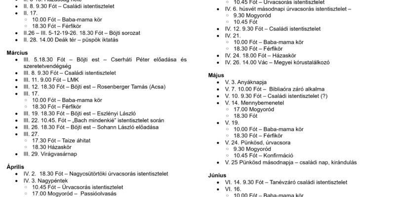 Gyülekezeti alkalmak – 2026 Böjttől nyárig